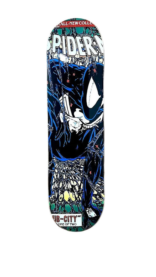 Spider-Man themed skateboard deck with colorful design on a white background