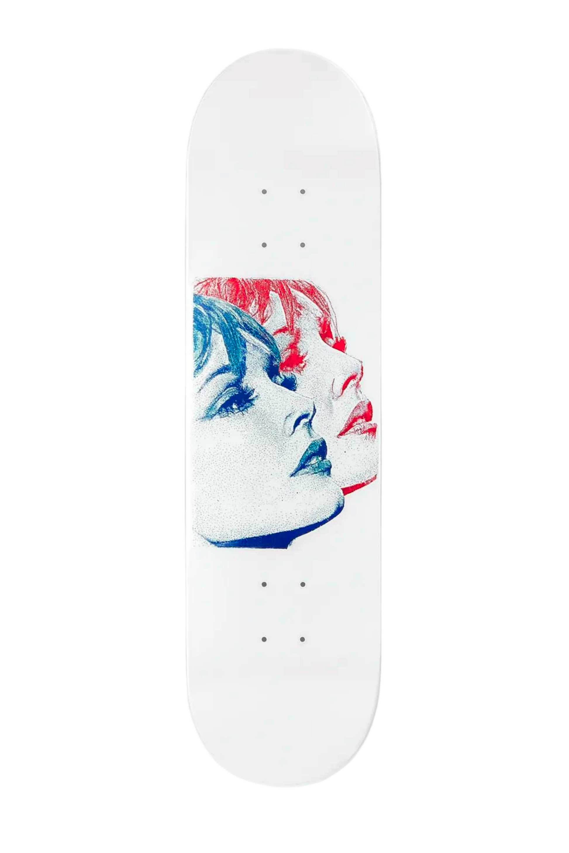 Skateboard deck with a colorful abstract design on a white background