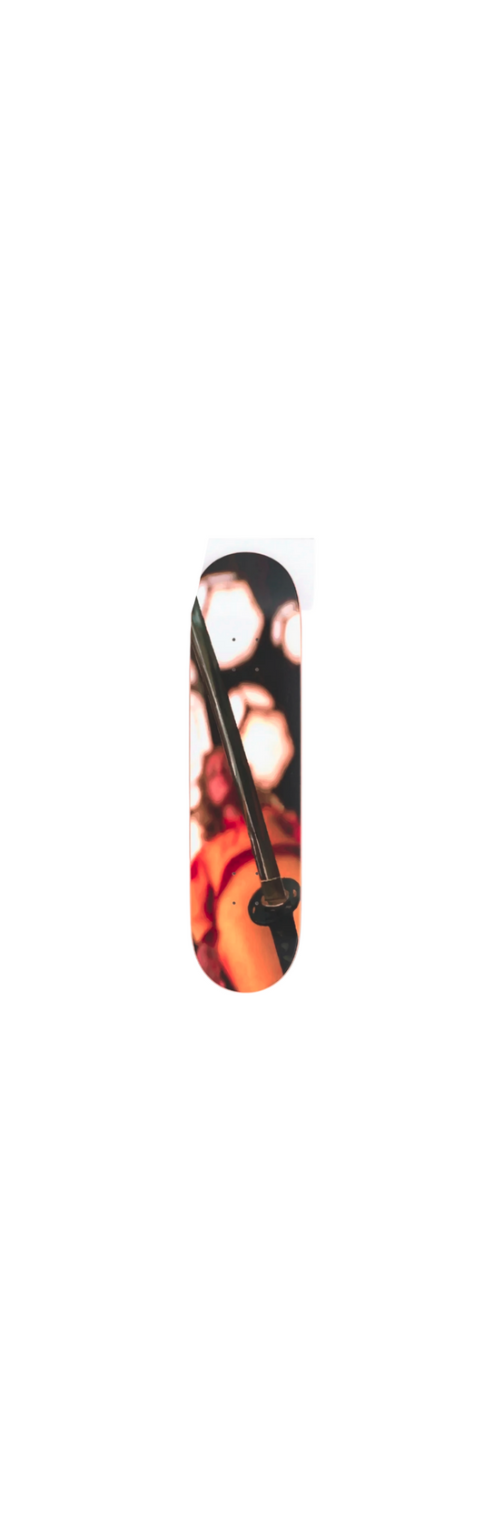 Skateboard deck with a guitar pick and abstract design on a white background