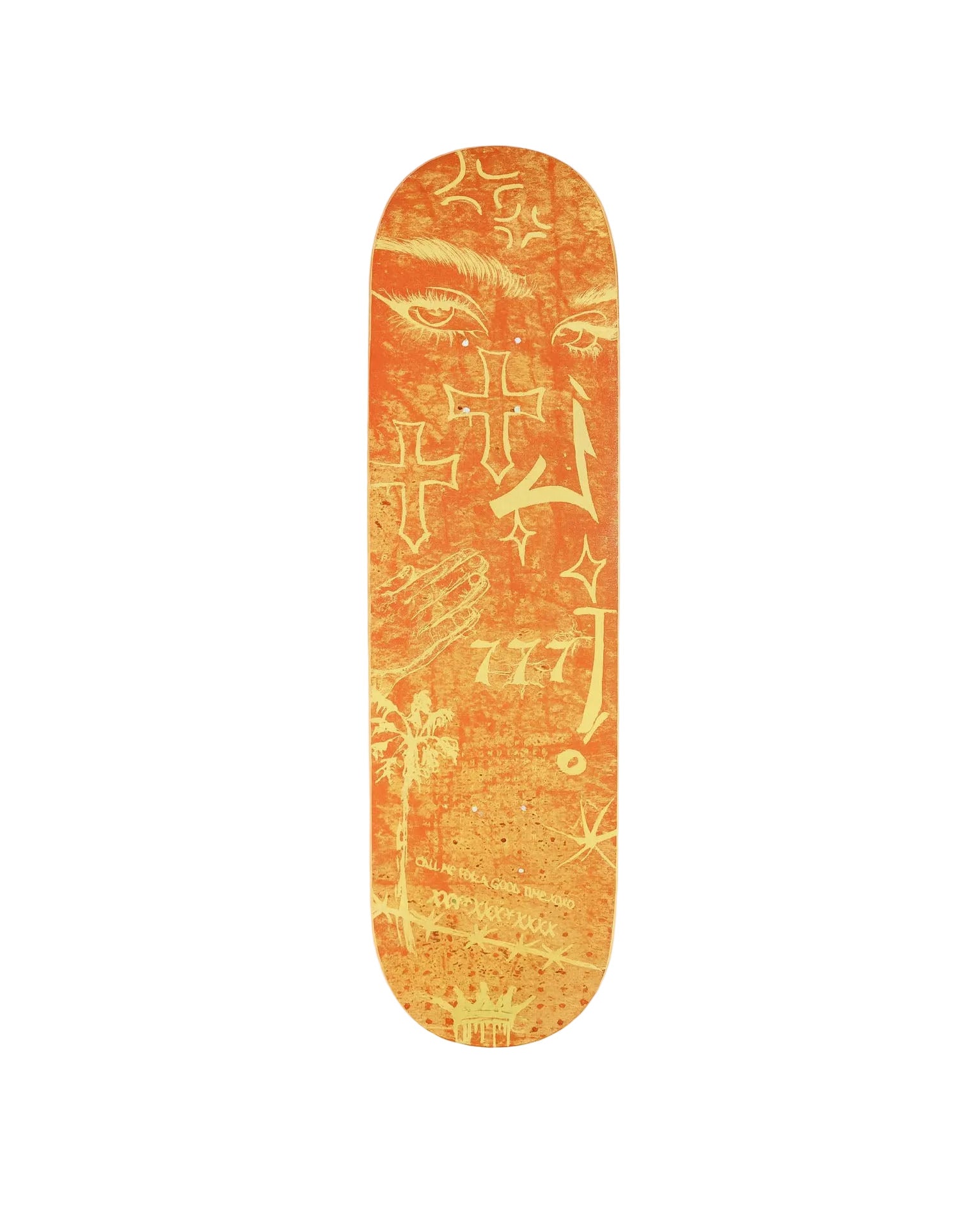 Skateboard deck with artistic designs on a white background