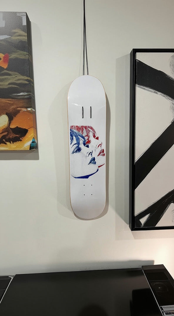 Skiboard with a colorful design on a white wall